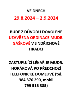 DOVOLENÁ - ORDINACE MUDr. Gáškové - 29.8-2.9.2024 1