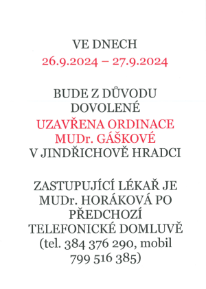DOVOLENÁ MUDr. Gášková - 26. - 27. 9. 2024